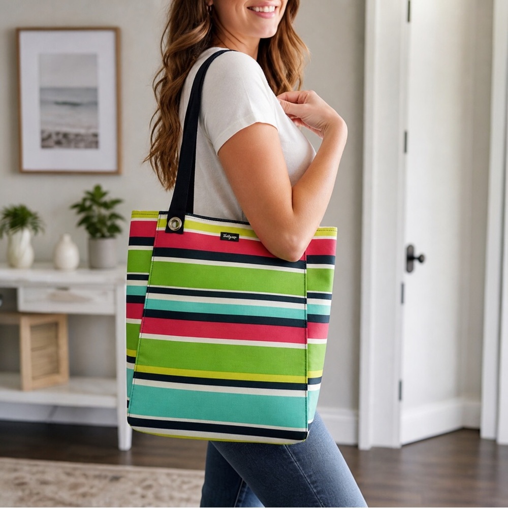 Thirty-One Preppy Pop Tall Organizing Tote Striped Canvas Zip Top Bag